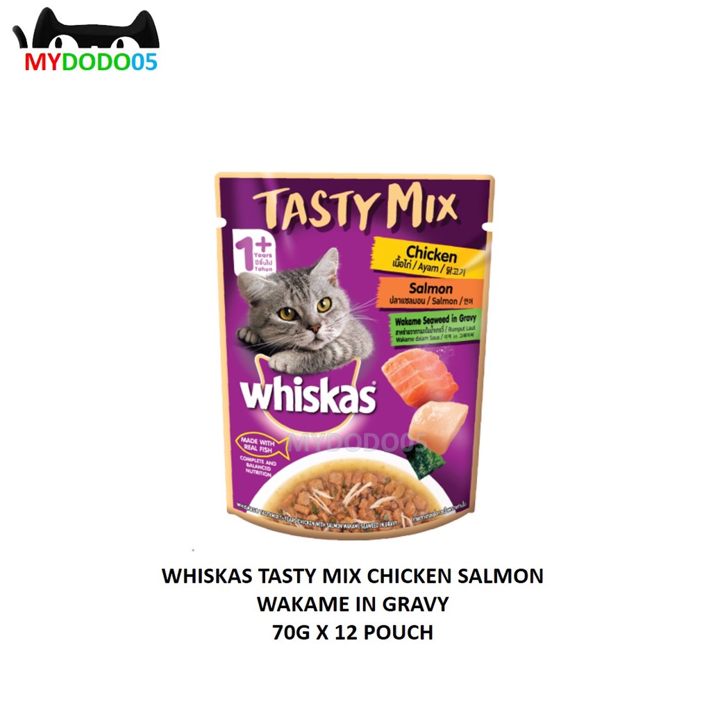WHISKAS TASTY MIX CAT FOOD CHICKEN & SALMON(70G X 12POUCH) Shopee