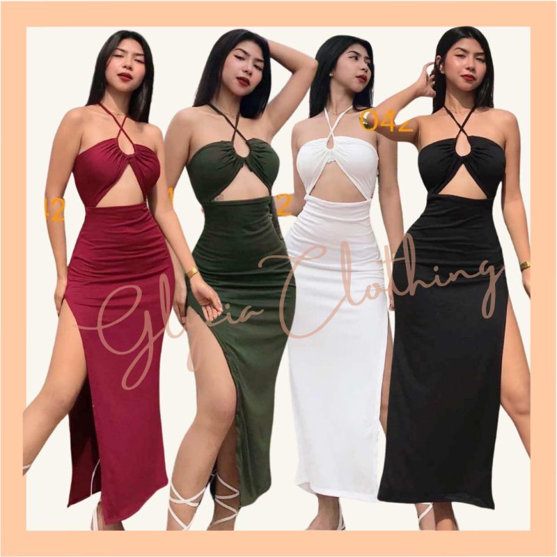 GLAM Halter Long Side Slit Cut Out Belly Summer Maxi Dress