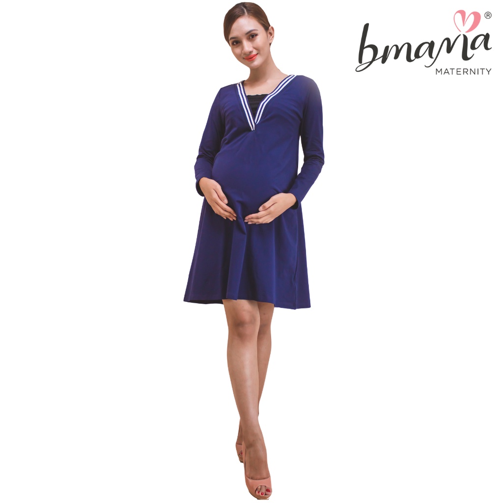 Bmama 2 Tone Pregnant Long Sleeve Pregnant Maternity Dresses Nursing Clothes Baju Mengandung