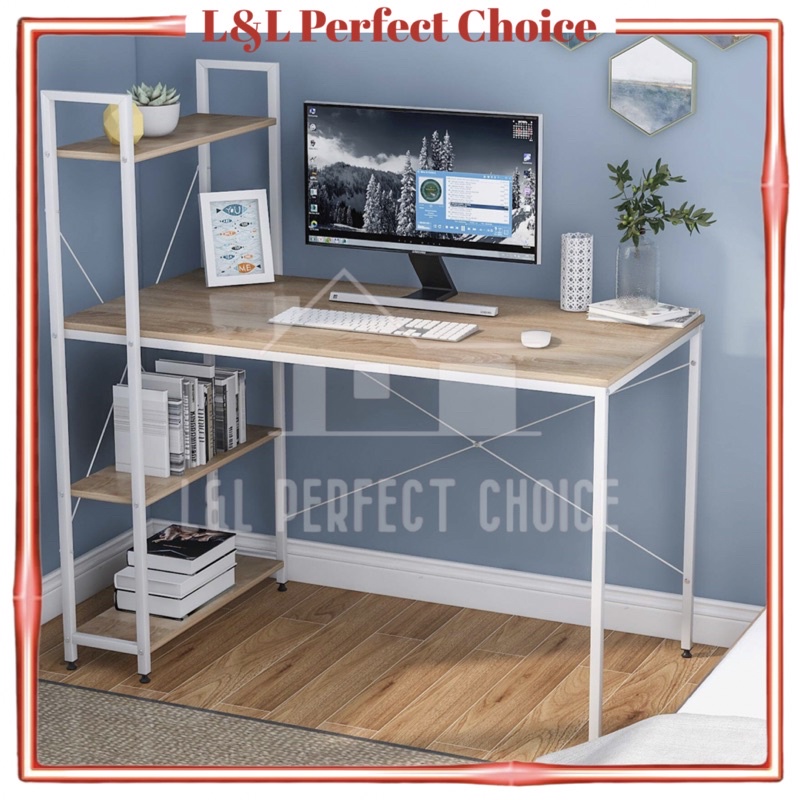 Modern Computer Laptop Office Desk Study Table With Book Shelf Meja Belajar Komputer 现代电脑笔记本电脑桌学习桌
