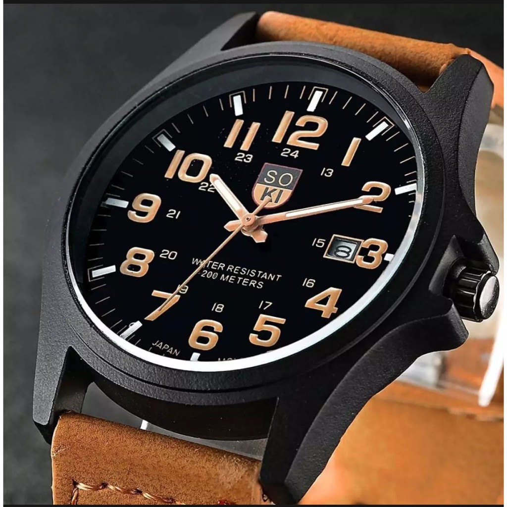 SOKI Japan Men's Military Calendar Leather Strap Watches Jam Tangan