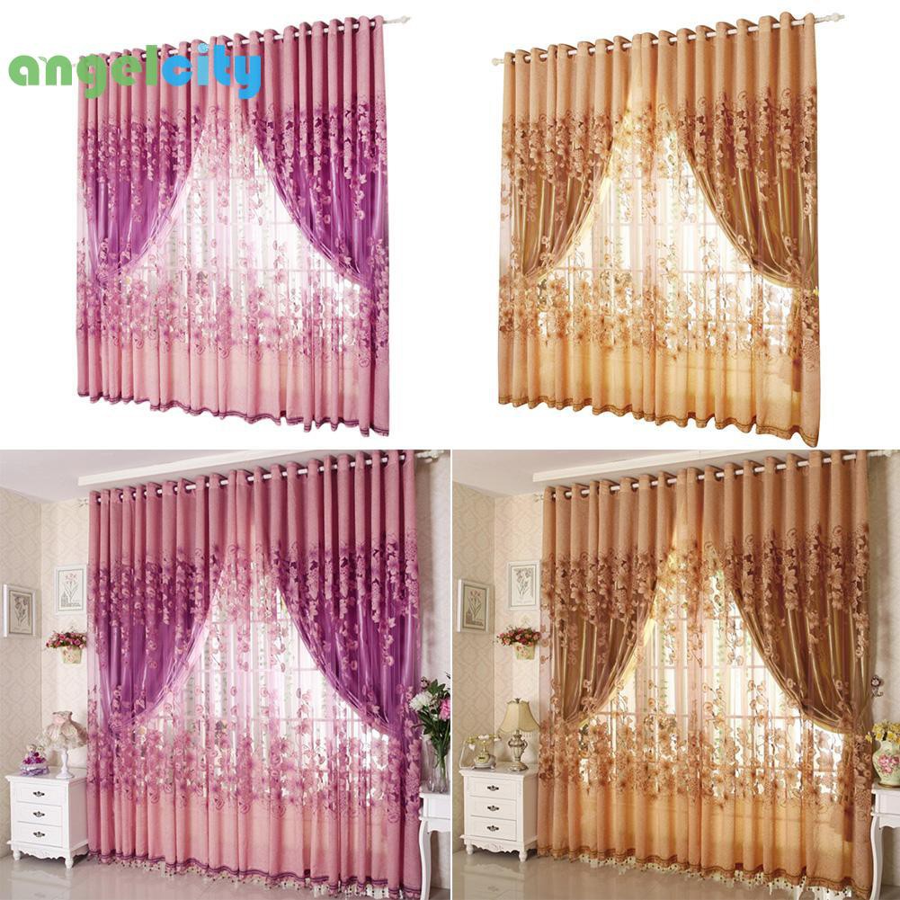 2pcs Morning Glory Floral Printed Sheer Voile Tulle Drapes Windows Curtains