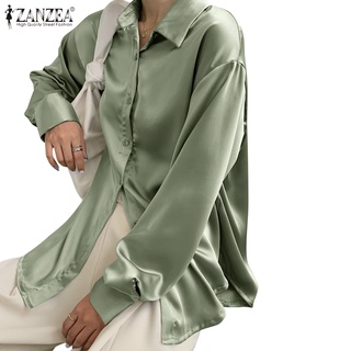 Image of ZANZEA Women Long Sleeve Satin Turn-Down-Collar Button Down Front Blouse