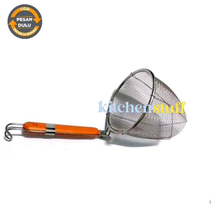KAYU Chicken ramen noodle strainer stainless whipped noodle strainer 14cm stainless noodle strainer stainless noodle strainer Chicken noodle strainer stainless paste ramen noodle noodle strainer Wooden handle 14 cm
