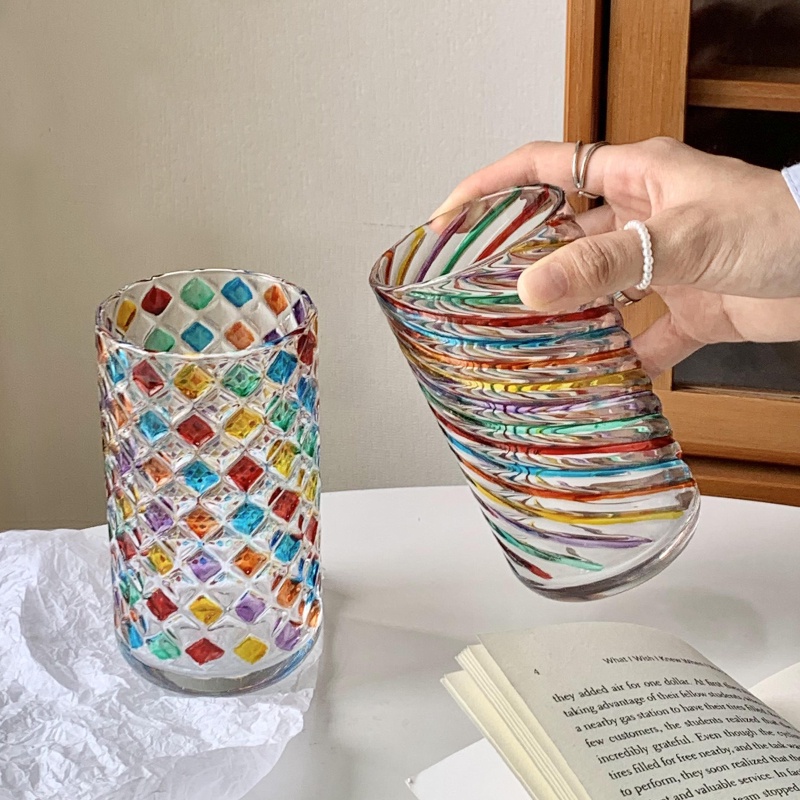 Contrast Color Hand-Painted Colored Glass Cup ins Style Niche Design Creative Refraction Rainbow Drinking Juice Middle Ancient Vintage Wine