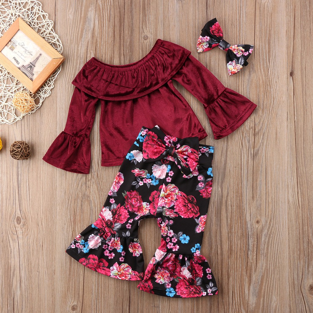 baju baby kid shirt Baby Girl Clothing Set Red off shoulder shirt+flare  pants toddler outfit | Shopee Malaysia