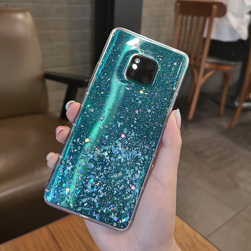 JAWSEU Shockproof Case Compatible with Huawei Mate 20 X Bling Glitter Soft TPU Silicone Rubber Bumper Case Ultra Thin Slim Shiny Sparkle Clear Flexible Case with Plating Edge,Silver 