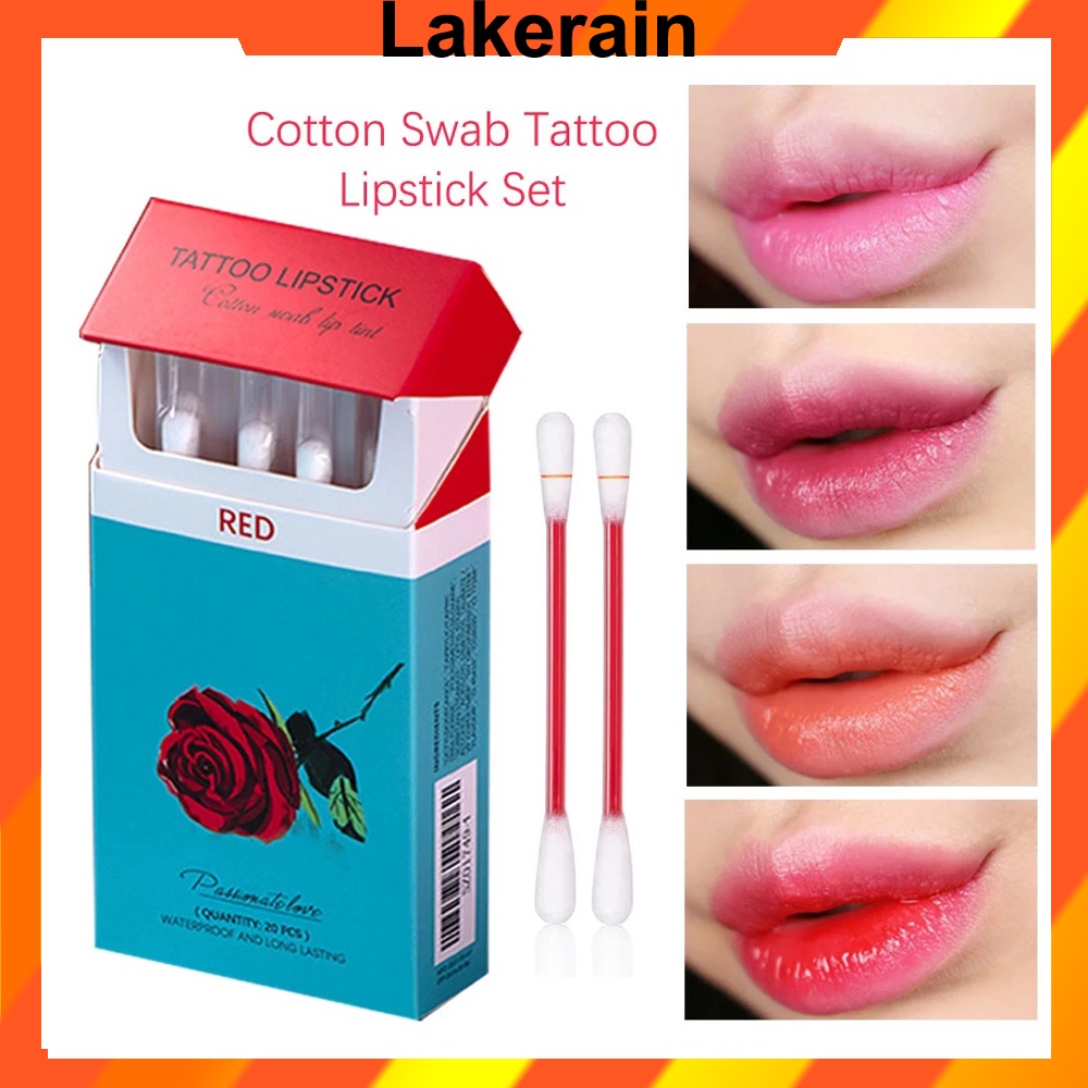 Lakerain 20pcs Tattoo Lipstick Matte Cotton Swab Lipstick Portable