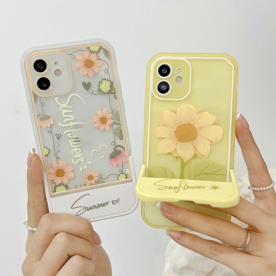 Clear Flower Bracket Case For iPhone 13 12 11 Pro Max X XR XS MAX 7 8 Plus Back Cover Luxury Transparent Stand Hard PC Soft Silicone Camera Protector Phone Cover