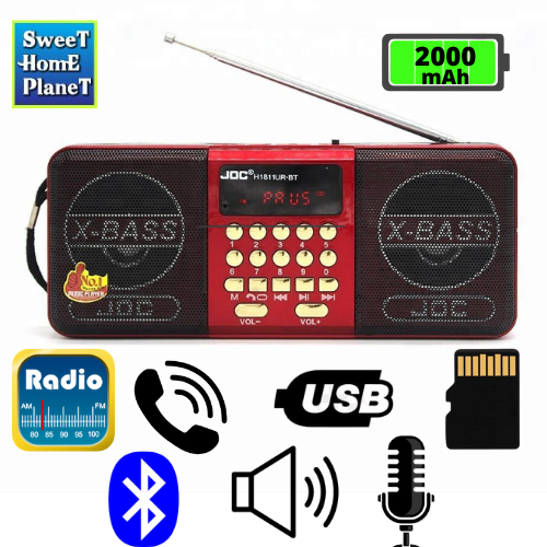 JOC Rechargeable FM Radio Bluetooth USB TF Card Built in Mic Loud Speaker Radio 2000mAh Battery Replaceable Battery