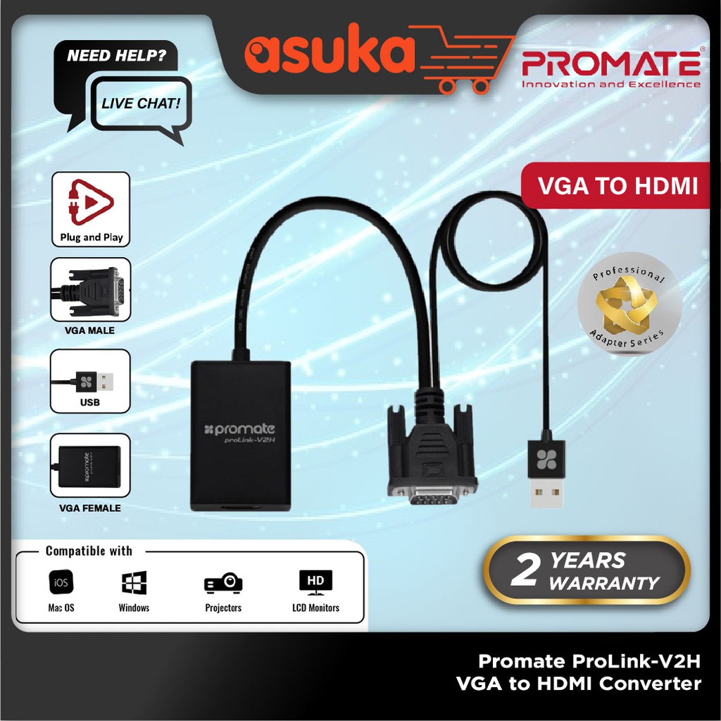 Promate ProLink-V2H VGA to HDMI Converter with Audio Supported (USB-A), Support 1080p/60Hz