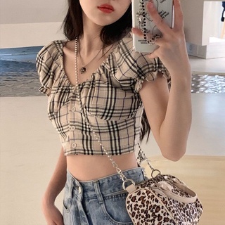 Retro Plaid Puff Sleeve Off-Shoulder Couture Clavicle Top