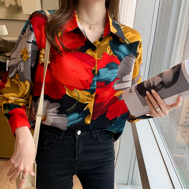 Ready Stock Spring and Summer New Vacation Survey Shirt Woman Vintage Chiffon Shirt Female Sleeve