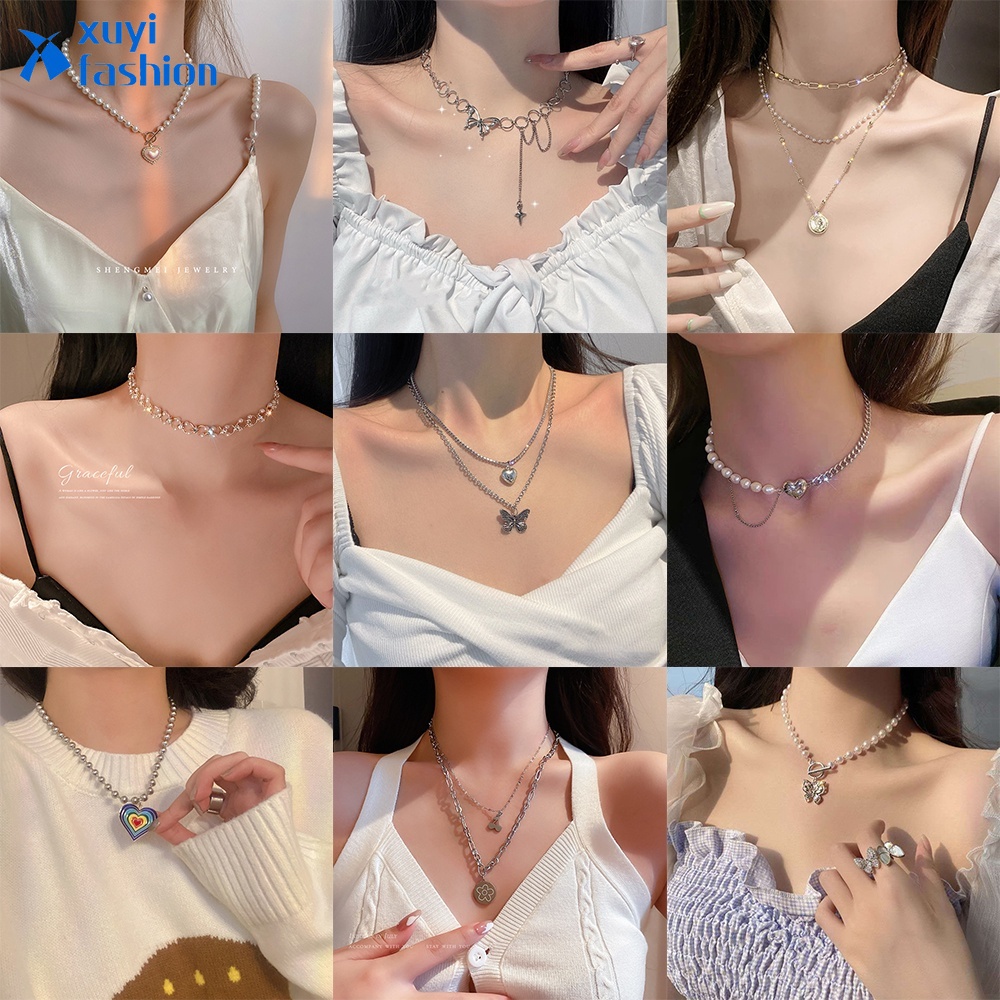 Dodder Korean Fashion Pearl Necklace Butterfly Heart Pendant Personalized Women Necklaces Jewelry Accessories