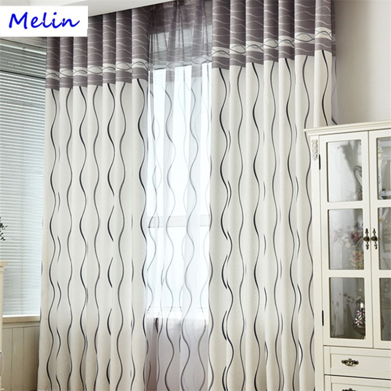 Modern Stripe Design Print Curtain Drape White Cotton Window Door
