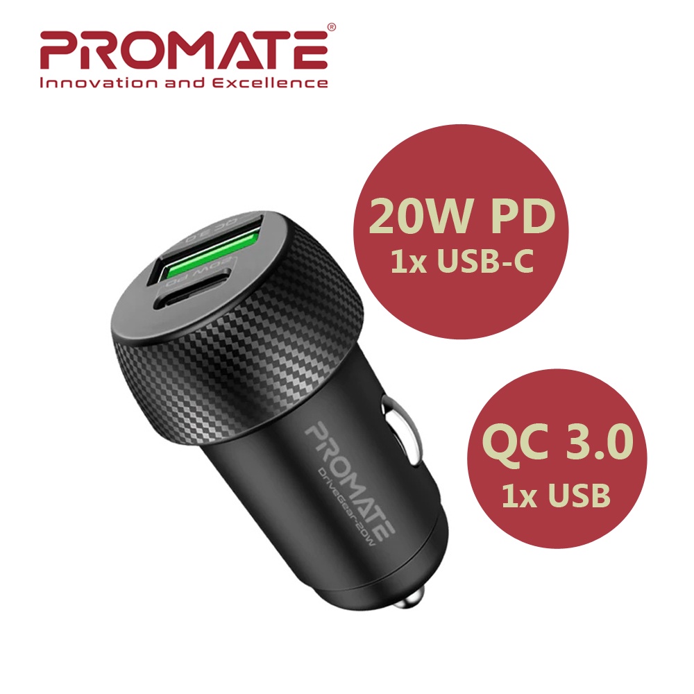 Promate QC 3.0 USB Mini Car Charger Power Adapter with USBC