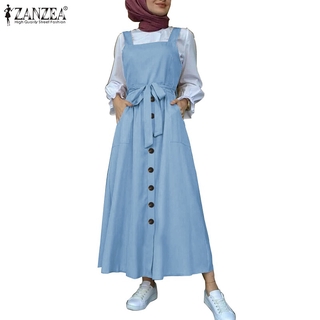 Image of ZANZEA Women Casual Square Neck Buttons Sleevless Muslim Long Dress