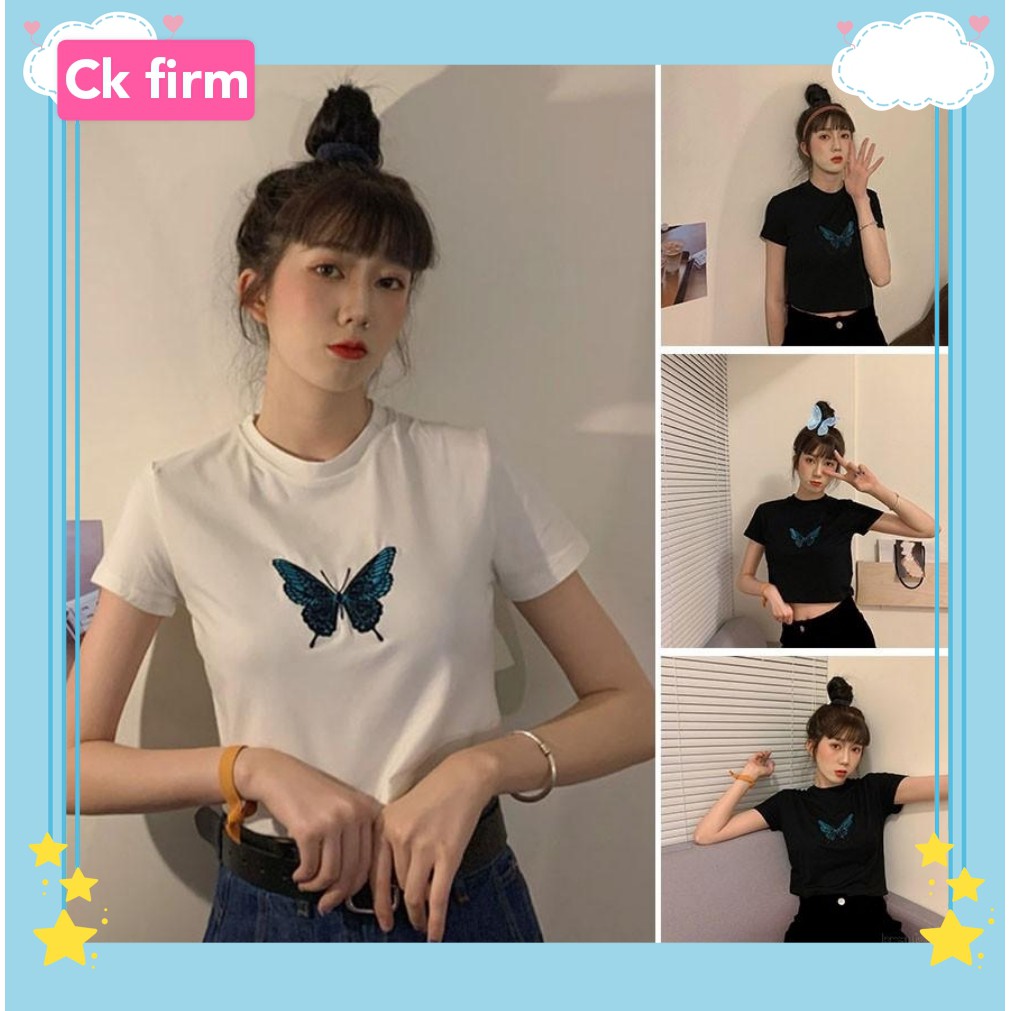Ck Firm Women Korean Short Sleeved Butterfly Embroidery Crop T Shirt Baju Lengan Pendek 短袖上衣 仙女款蝴蝶风格 Ck204 Shopee Malaysia