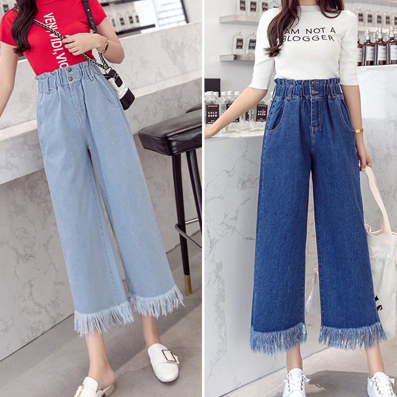 Celana Panjang Model High Waist Longgar Lebar Warna Polos Bahan Jeans ...