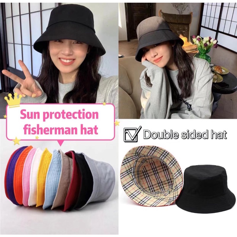 【ready stock】Solid Color Bucket Hat Fishermen Cap Summer Travelling Sunhat Unisex double sided hat