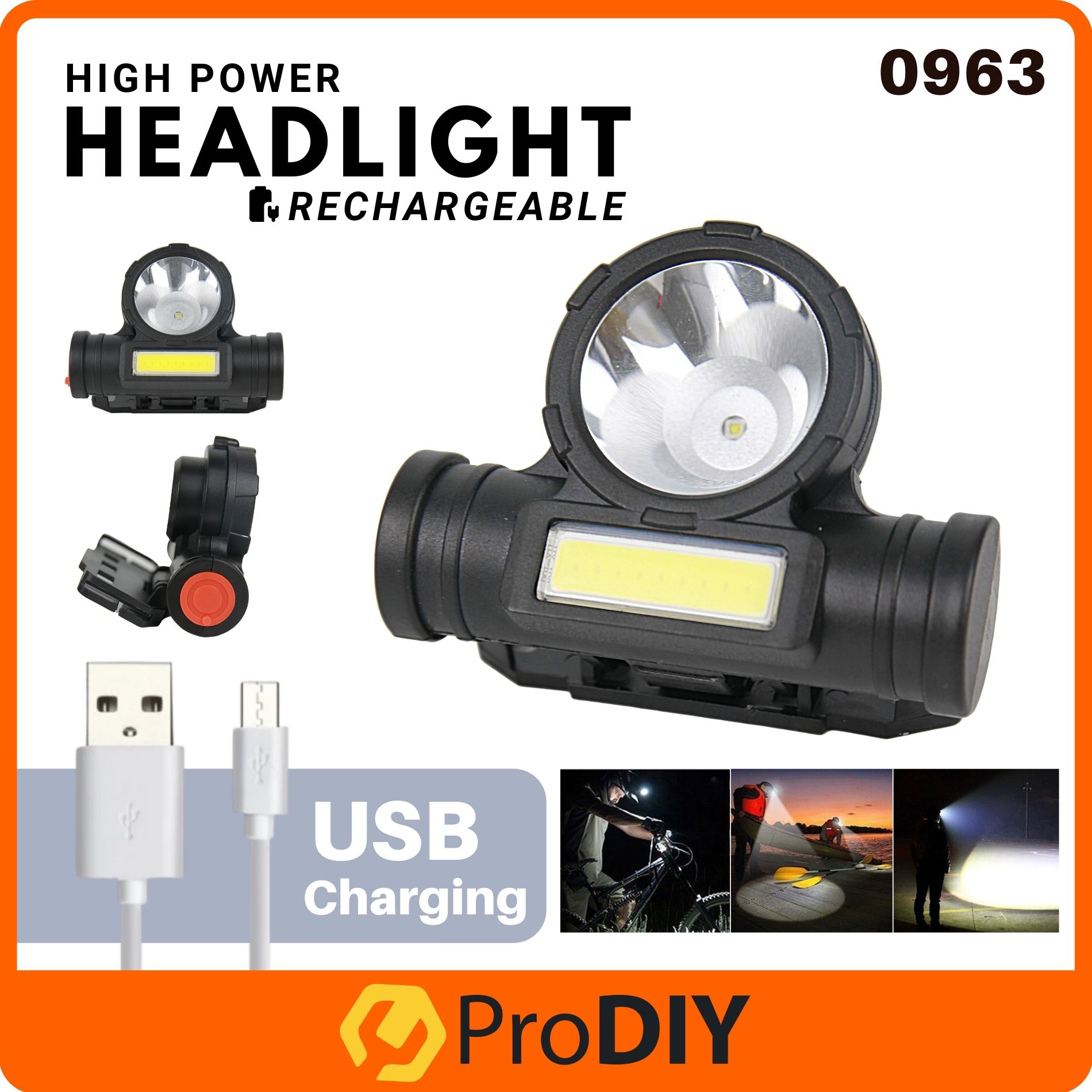 0963 Headlamp COB+XPE Headlamp Headlight LED USB Rechargeable Battery Portable Mini Torch Outdoor Lampu Kepala