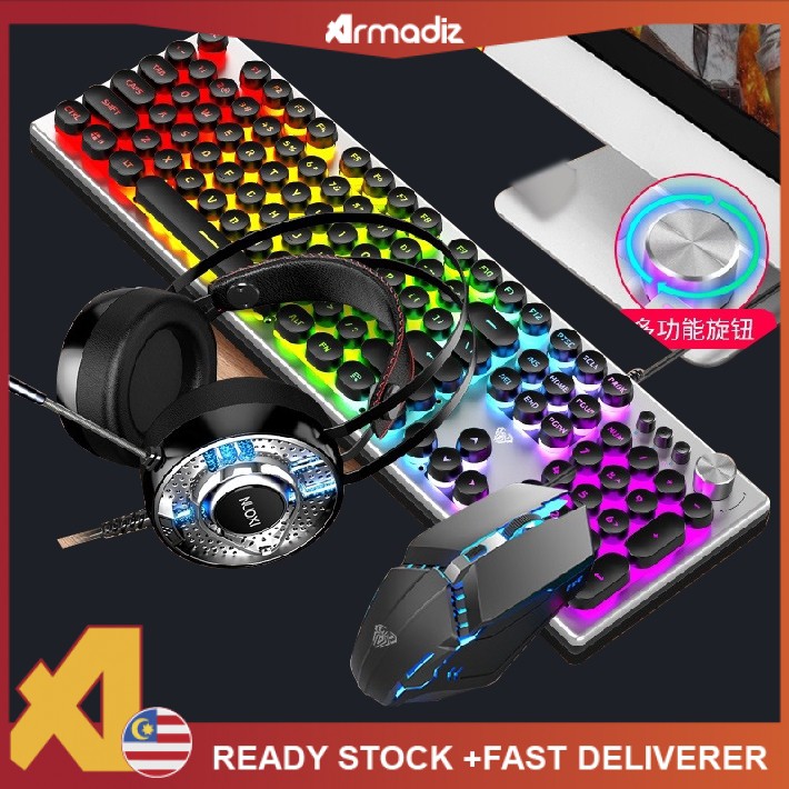 FTC200 RGB Gaming 3in1 Set Keyboard Headset & Mouse Metal Panel HighLow Key Layout No Rush Function Multi Function Knob