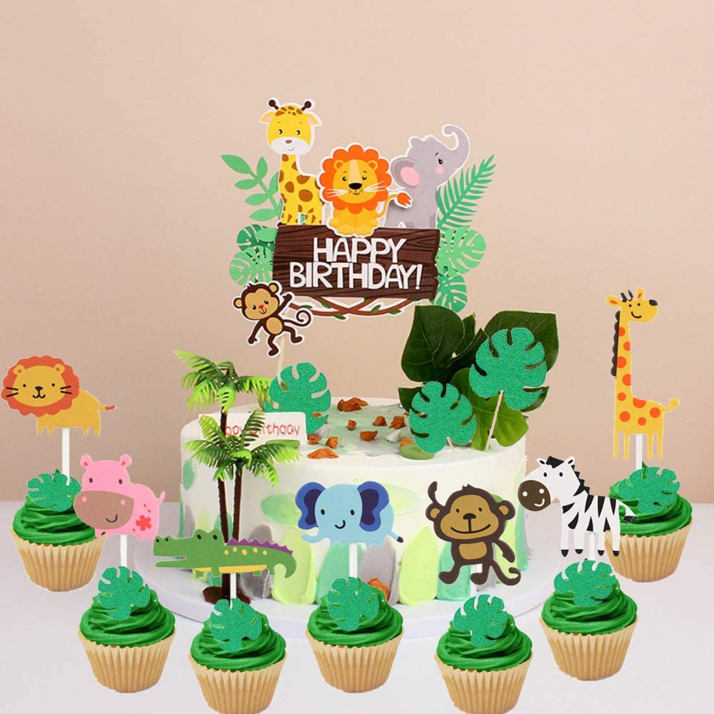 Blumomon 24Pcs Jungle Safari Animal Cupcake Toppers Happy Birthday Cake Decor per i bambini Wild Jungle Animal Theme 1 ° Compleanno Party Supplies Celebrando Festa Eventi Baby Shower 