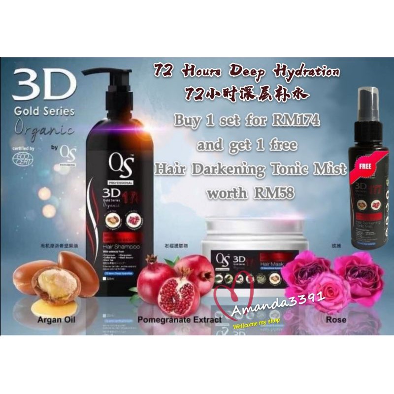 QS Organic 3D Shampoo Melanin Grey Hair Reduction+QS Organic 3D Hair mask  +Get Free Organic 3D Hair Darkening Tonic Mist | Shopee Malaysia