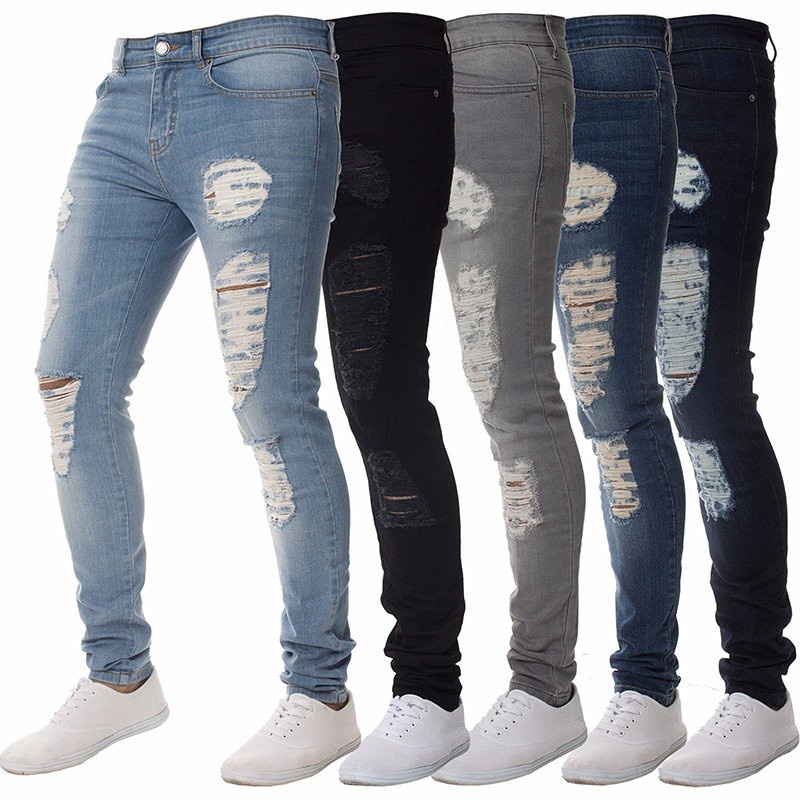 Hot Sale Fashion Men Casual Hole Design Distressed Skinny Jeans Shopee Malaysia