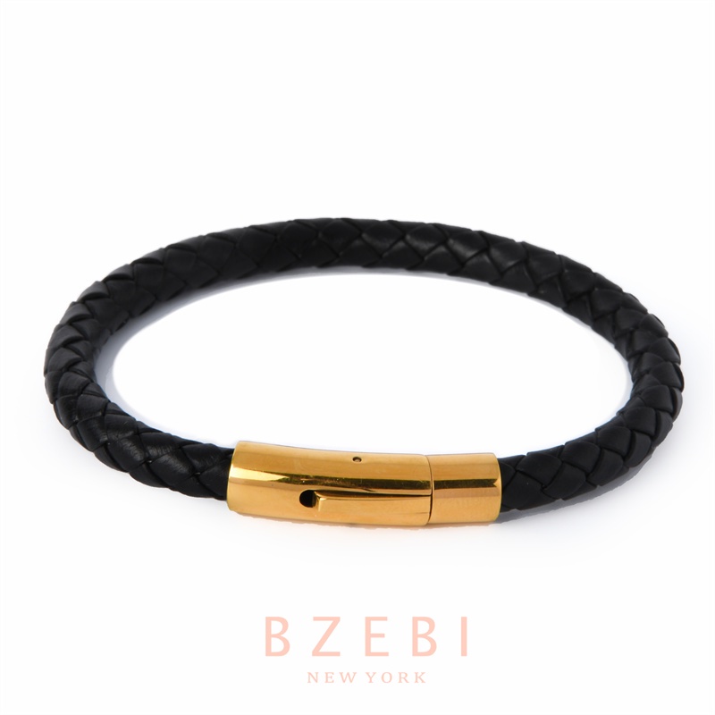 สร้อยข้อมือหนังผู้ชายเป็นกลาง bzbi สีดำทองและสีเงินหัวเข็มขัดไทเทเนียมเหล็กแฟชั่นอุปกรณ์เสริม 947b