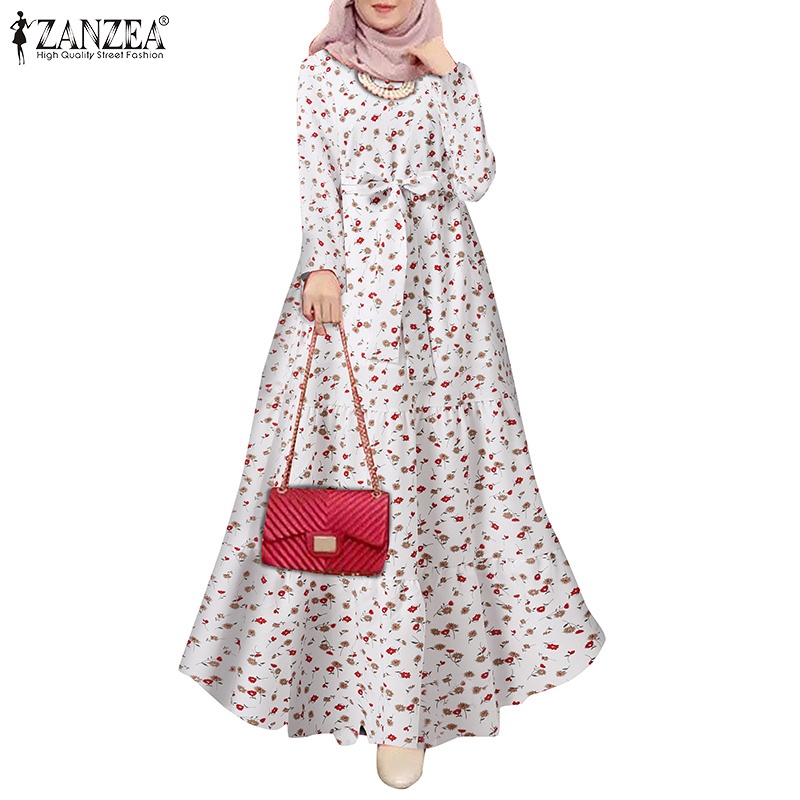 ZANZEA Women Retro Muslim Print Crew Neck Double Ruffle Irregular Hem Long Dress