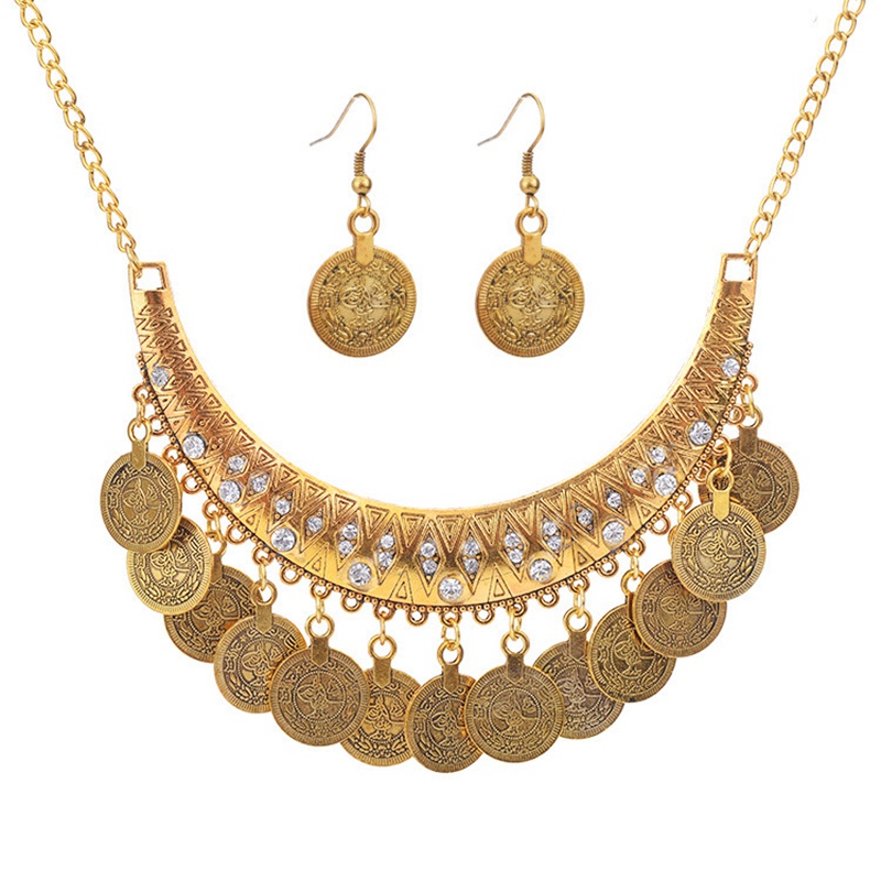 Punk Coin Pendant Necklace Earring Set Fashion Jewelry Women's Indian Earrings Gypsy Tribe Gold Metal Vintage Tassel Necklace