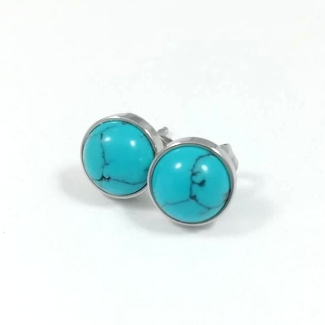 8mm Round Baby Blue Turquoise Womens Stainless Steel Stud Earrings