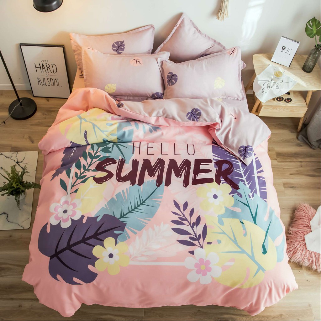 Summer Leaves Print Bedding Set 4pcs Super Queen Size Plant Quilt