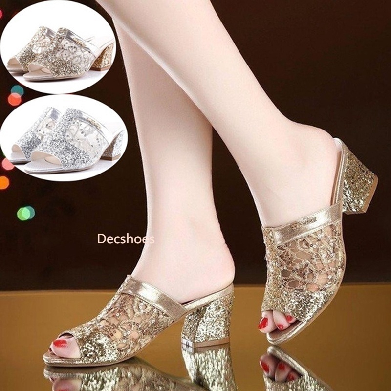 Women Fashion Open Toe Slippers Bling Bling Glitter Mesh PU Leather Summer Shoes Woman Square Heel Pumps Sandals Zapatos Mujer Sapatos Femininos