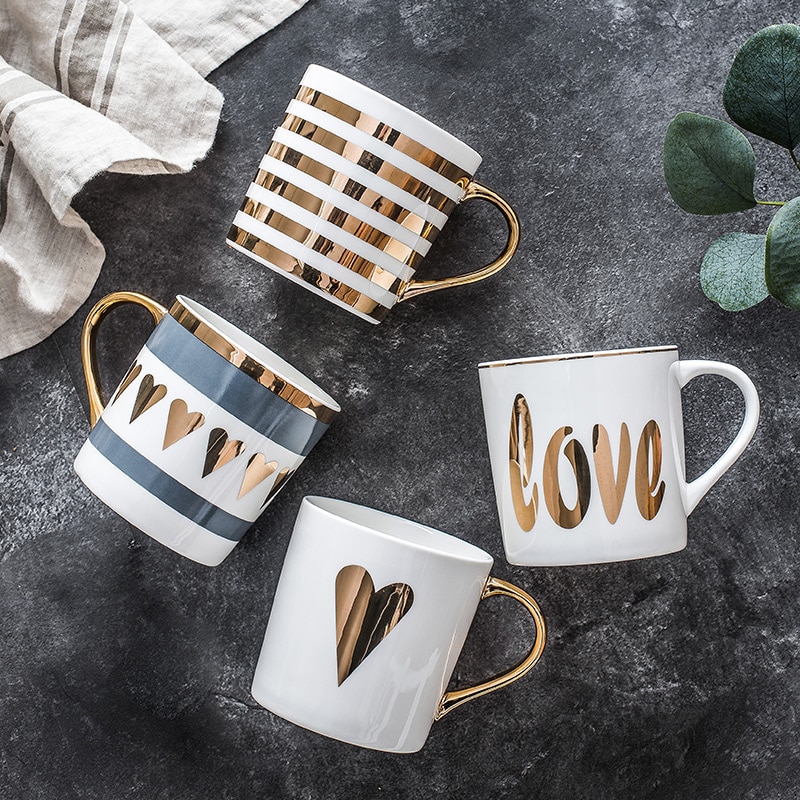 Creative Gold Ceramic Mug Ceramic Coffee Cup China Bone Milk Tea Cup Love Heart Stripe Drinkware 350ml Home Kitchen