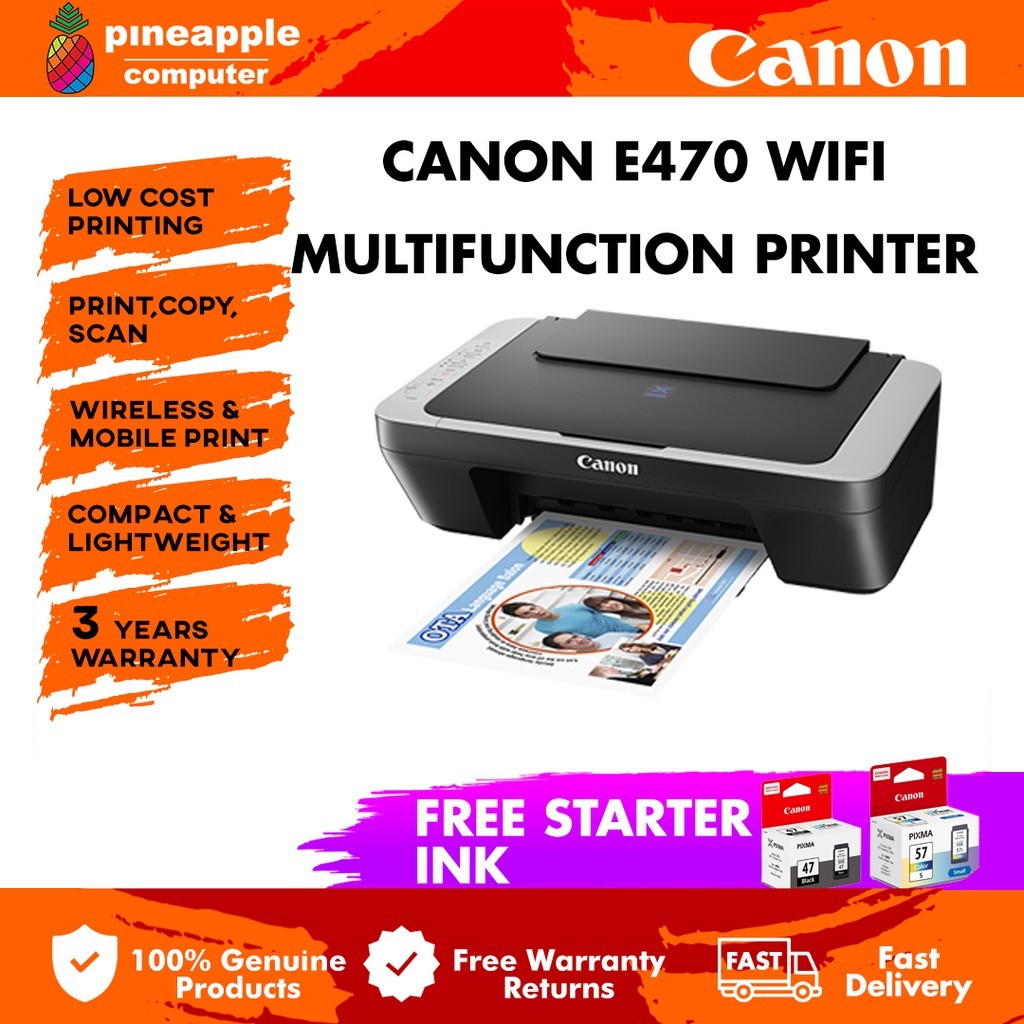 Canon E470 Ink Efficient AllInOne Wireless Printer Black Print/Scan