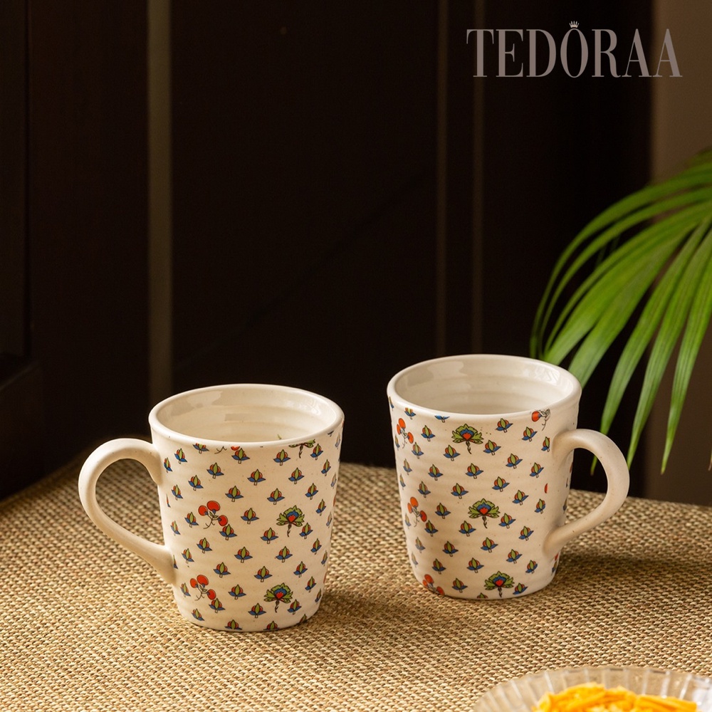 [TEDORAA] EXCLUSIVE LANE 'Daawate-Taj' Handcrafted Ceramic Tea & Coffee Mugs Blooms (Set of 2, 260 ml, Microwave Safe)