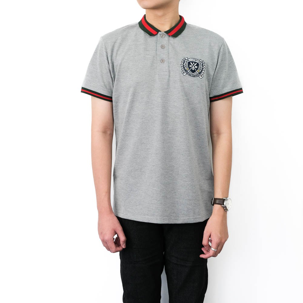 7 7 Fidelio Grey Contrasted Collar Embroidery Polo Shirt Baju Lelaki Berkolar Lengan Pendek