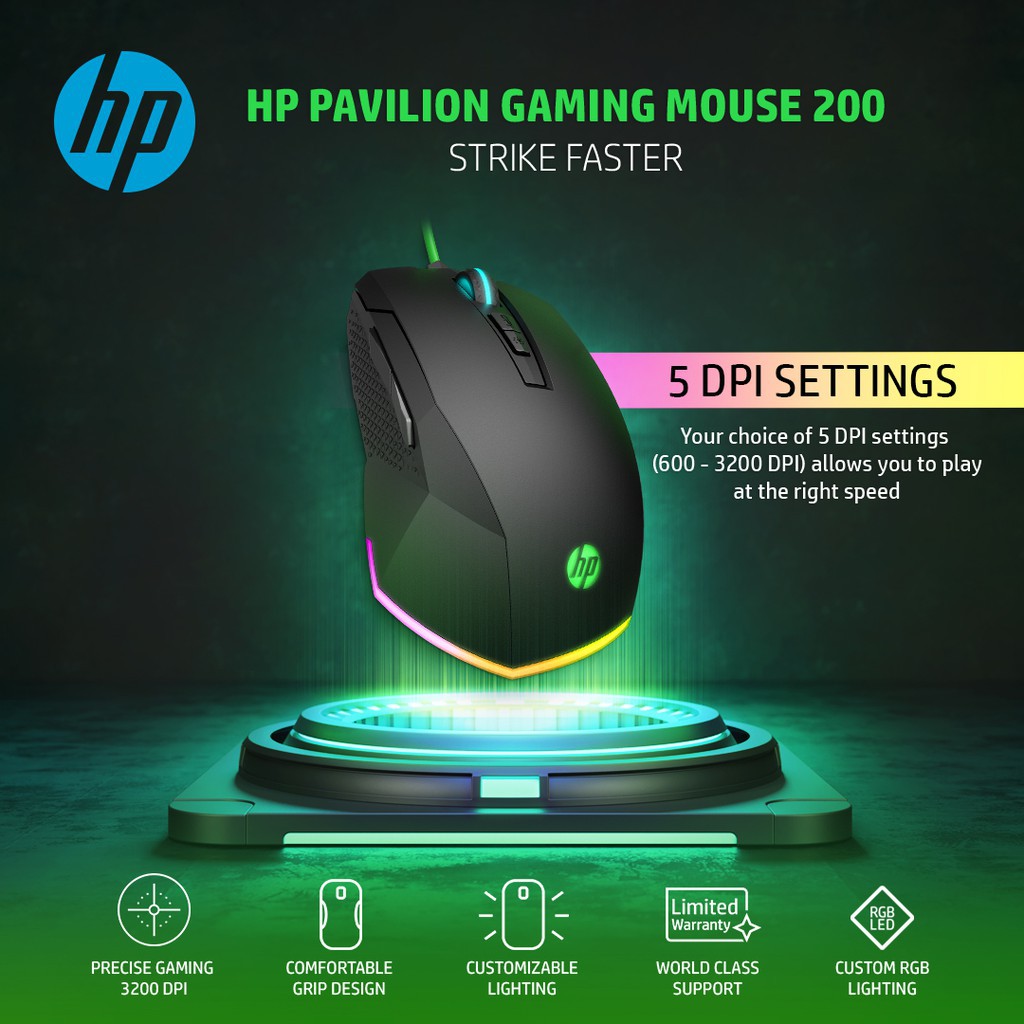 HP Pavilion Gaming Mouse 200 Wired USB 3200 DPI Pixart Optical Gaming Sensor (5JS07AA) Shopee