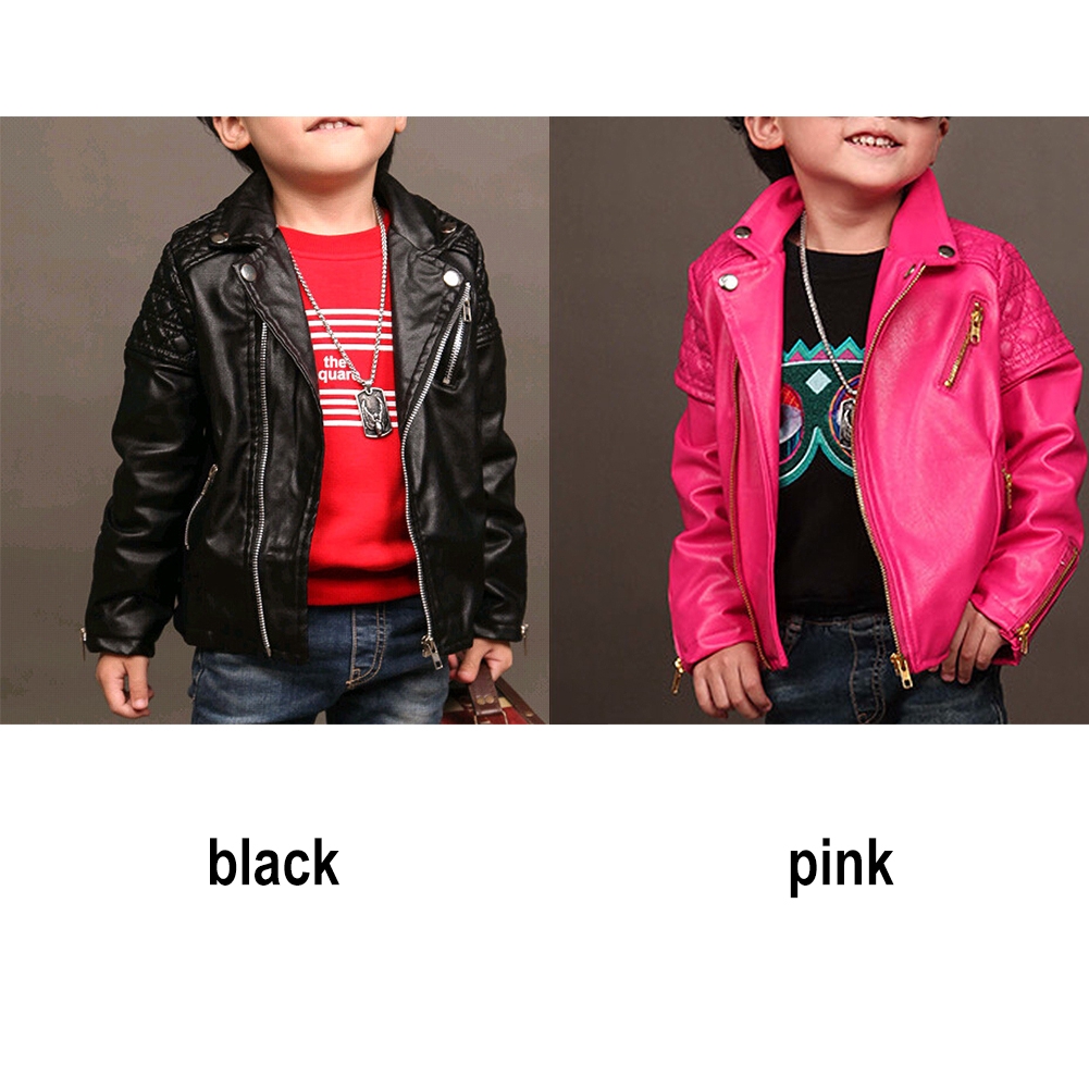 Kids Boys Girls Lapel PU Leather Zip Outwear Jacket Fleece-lined Biker Coat