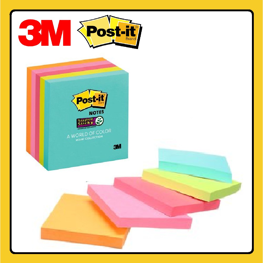 3M Post It Notes Super Sticky Cube Miami Collection 654-5SSMIA 3''x3 ...