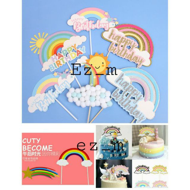 Bakery Cake Decoration DIY Cake Insert HAPPY BIRTHDAY Big Rainbow and Cloud Insert Card Flag topper cake topper