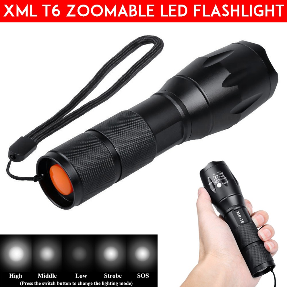 5000LM Cree XML-T6 LED Flashlight Tactical Zoomable Police Torch Lamp 18650 AAA 