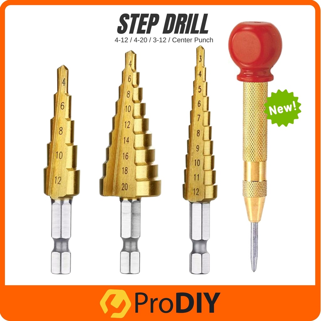 STEP DRILL BIT SET 4-32mm / 3-20mm 1/4 Inch Titanium Coated Hex Shank ...