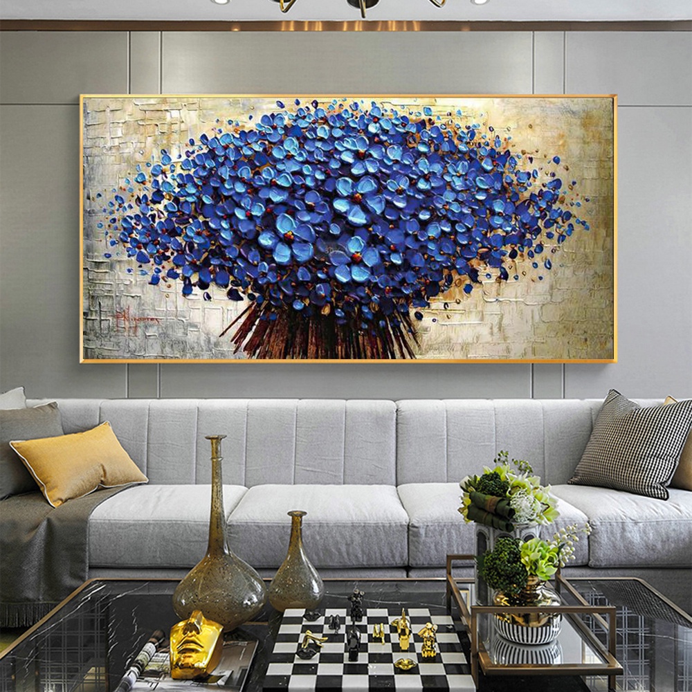 Nordic abstract blue flowers oil painting on canvas wall art posters