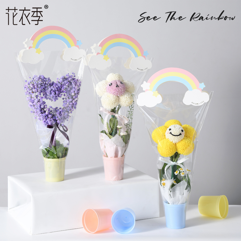 超值好物 母親節鮮花防水手提袋透明opp花束手拎包花袋花店花藝材料
