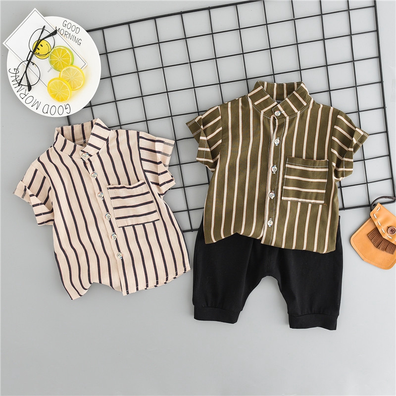 Children's clothing baby boy shirt suit boy summer cotton striped shirt shirt short sleeve + shorts