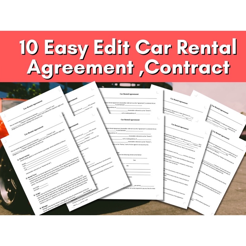 10 Easy Edit Car Rental Agreement, Car Rental Rental Contract, Editable