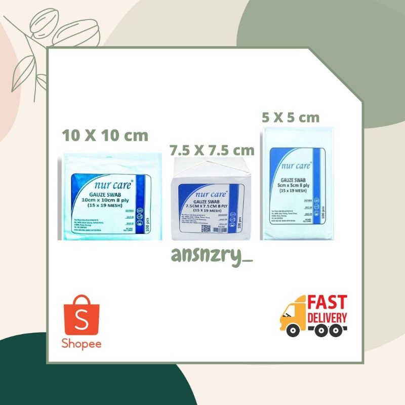 NUR CARE Gauze Swab Medical Supply 5cm X 5 cm/7.5cm X 7.5cm/10cm X 10cm 1 box (100pcs)